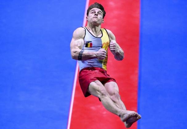 Belgian gymnast Victor Martinez Marechal pictured in action during the first rotation, the vault, in the men all around final, on the third day of the European Championships Gymanstics in Antalya, Turkey, Thursday 13 April 2023. The EC are taking place from 11 to 16 April 2023. LAURIExDIEFFEMBACQ x64667199x