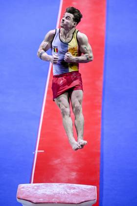 Belgian gymnast Victor Martinez Marechal pictured in action during the first rotation, the vault, in the men all around final, on the third day of the European Championships Gymanstics in Antalya, Turkey, Thursday 13 April 2023. The EC are taking place from 11 to 16 April 2023. LAURIExDIEFFEMBACQ x64667202x
