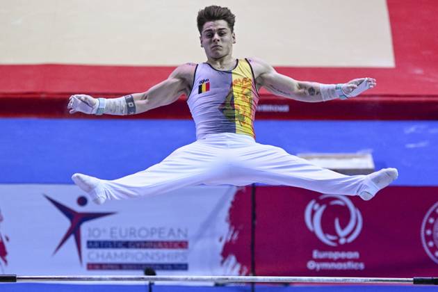 Belgian gymnast Victor Martinez Marechal pictured in action during the third rotation, the high bar, in the men all around final, on the third day of the European Championships Gymanstics in Antalya, Turkey, Thursday 13 April 2023. The EC are taking place from 11 to 16 April 2023. LAURIExDIEFFEMBACQ x64670193x