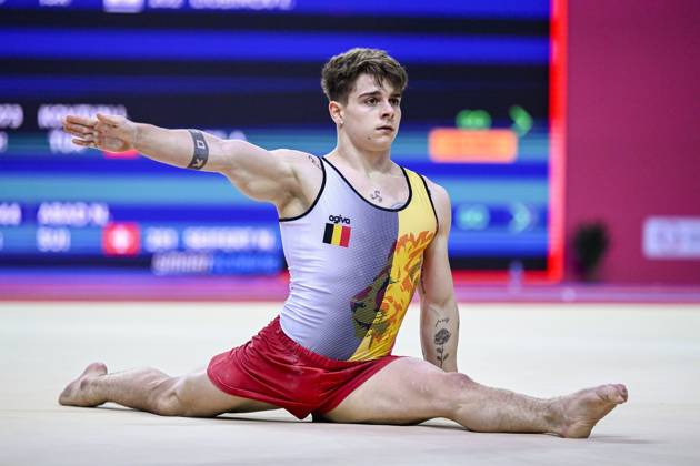 Belgian gymnast Victor Martinez Marechal pictured in action during the fourth rotation, the floor, in the men all around final, on the third day of the European Championships Gymanstics in Antalya, Turkey, Thursday 13 April 2023. The EC are taking place from 11 to 16 April 2023. LAURIExDIEFFEMBACQ x64678815x