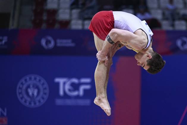 Belgian gymnast Victor Martinez Marechal pictured in action during the fourth rotation, the floor, in the men all around final, on the third day of the European Championships Gymanstics in Antalya, Turkey, Thursday 13 April 2023. The EC are taking place from 11 to 16 April 2023. LAURIExDIEFFEMBACQ x64679829x
