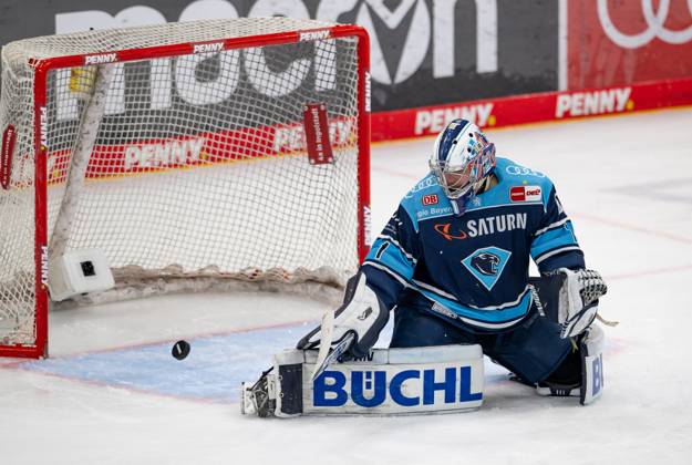 Jonas Stettmer goalie, ERC Ingolstadt Panther, 1 defends a puck ERC Ingolstadt vs EHC Red Bull Muenchen, ice hockey, DEL, playoffs, final game 2, season 2022 2023, 16 04 2023 ERC Ingolstadt vs EHC Red Bull Muenchen, ice hockey, DEL, playoffs, final game 2, season 2022 2023, 16 04 2023 Ingolstadt Copyright: xEibner-Pressefoto HeikexFeinerx EP_HFR
