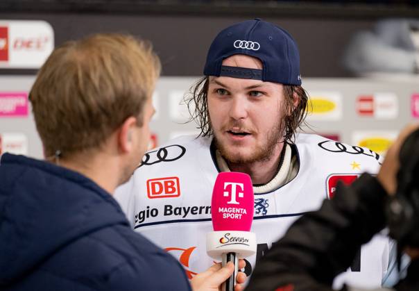 Jonas Stettmer goalie, ERC Ingolstadt Panther, 1 during TV interview with Magenta Sport after the win EHC Red Bull Muenchen vs ERC Ingolstadt, ice hockey, DEL, playoffs, final game 3, season 2022 2023, 18 04 2023 EHC Red Bull Muenchen vs ERC Ingolstadt, ice hockey, DEL, playoffs, final game 3, season 2022 2023, 18 04 2023 Muenchen Copyright: xEibner-Pressefoto HeikexFeinerx EP_HFR