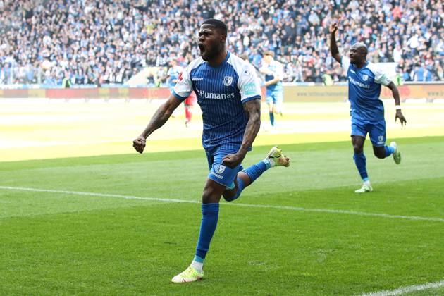 Goal celebration scorer Moritz Broni Kwarteng 1 FC Magdeburg,8 hits to 1 0 2 Football Bundesliga season 2022 2023 1 FC Magdeburg vs Hamburger SV in the MDCC Arena in Magdeburg action,soccer,man,men,Germany,29 04 2023
