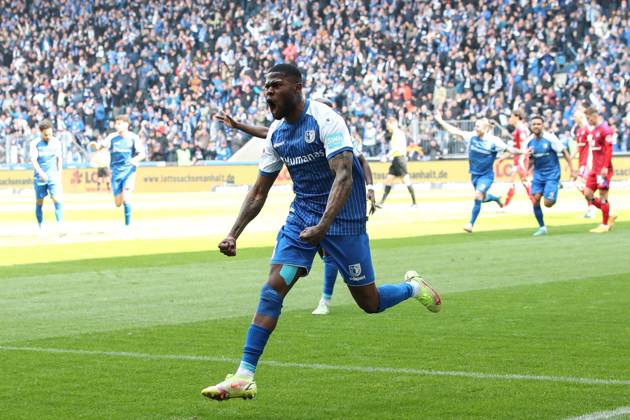 Goal celebration scorer Moritz Broni Kwarteng 1 FC Magdeburg,8 hits to 1 0 2 Football Bundesliga season 2022 2023 1 FC Magdeburg vs Hamburger SV in the MDCC Arena in Magdeburg action,soccer,man,men,Germany,29 04 2023