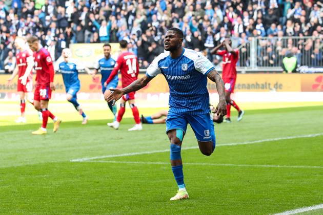 Goal celebration scorer Moritz Broni Kwarteng 1 FC Magdeburg,8 hits to 1 0 2 Football Bundesliga season 2022 2023 1 FC Magdeburg vs Hamburger SV in the MDCC Arena in Magdeburg action,soccer,man,men,Germany,29 04 2023