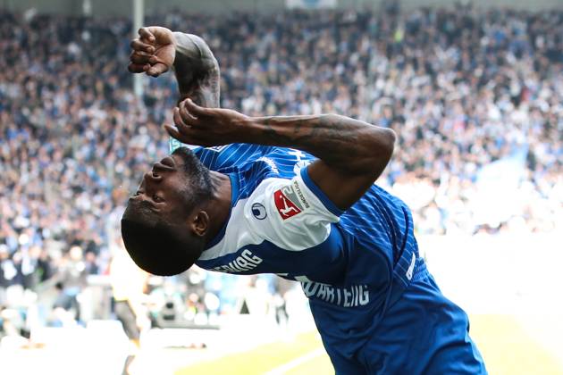 Goal celebration scorer Moritz Broni Kwarteng 1 FC Magdeburg,8 hits to 1 0 2 Football Bundesliga season 2022 2023 1 FC Magdeburg vs Hamburger SV in the MDCC Arena in Magdeburg action,soccer,man,men,Germany,29 04 2023