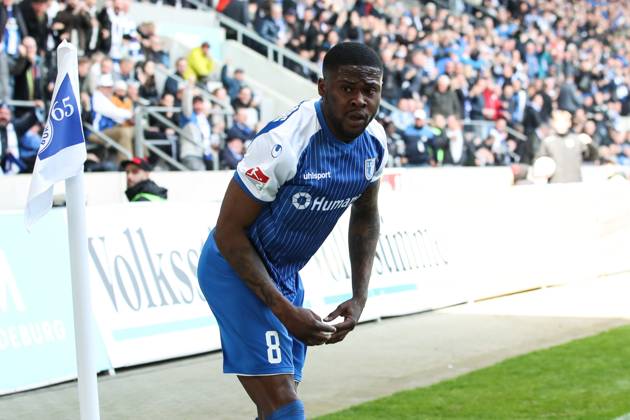 Goal celebration scorer Moritz Broni Kwarteng 1 FC Magdeburg,8 hits to 1 0 2 Football Bundesliga season 2022 2023 1 FC Magdeburg vs Hamburger SV in the MDCC Arena in Magdeburg action,soccer,man,men,Germany,29 04 2023