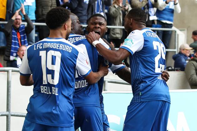 Goal celebration scorer Moritz Broni Kwarteng 1 FC Magdeburg,8 hits to 1 0 2 Football Bundesliga season 2022 2023 1 FC Magdeburg vs Hamburger SV in the MDCC Arena in Magdeburg action,soccer,man,men,Germany,29 04 2023