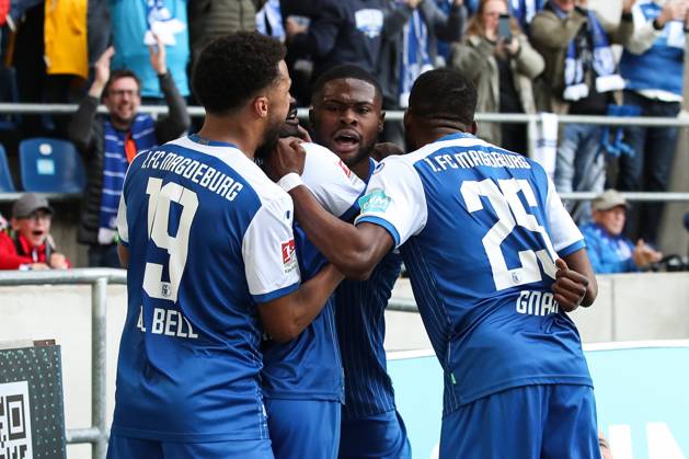 Goal celebration scorer Moritz Broni Kwarteng 1 FC Magdeburg,8 hits to 1 0 2 Football Bundesliga season 2022 2023 1 FC Magdeburg vs Hamburger SV in the MDCC Arena in Magdeburg action,soccer,man,men,Germany,29 04 2023