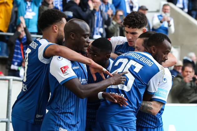Goal celebration scorer Moritz Broni Kwarteng 1 FC Magdeburg,8 hits to 1 0 2 Football Bundesliga season 2022 2023 1 FC Magdeburg vs Hamburger SV in the MDCC Arena in Magdeburg action,soccer,man,men,Germany,29 04 2023