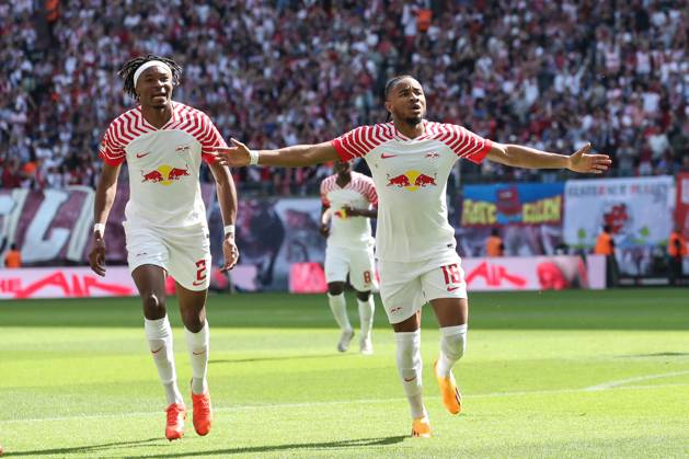 Goal celebration scorer Christopher Nkunku RB Leipzig,18 scores 2 0 1 Football Bundesliga season 2022 2023 point game RB Leipzig vs FC Schalke 04 at Red Bull Arena in Leipzig action,football,Germany,man,men,27 05 2023
