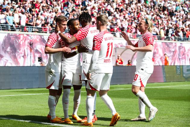 Goal celebration scorer Christopher Nkunku RB Leipzig,18 scores 2 0 1 Football Bundesliga season 2022 2023 point game RB Leipzig vs FC Schalke 04 at Red Bull Arena in Leipzig action,football,Germany,man,men,27 05 2023