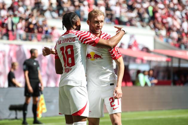 Goal celebration scorer Christopher Nkunku RB Leipzig,18 scores to 2 0 with Konrad Laimer RB Leipzig,27 1 Football Bundesliga season 2022 2023 point game RB Leipzig vs FC Schalke 04 in the Red Bull Arena in Leipzig action,football,Germany,man,men,27 05 2023