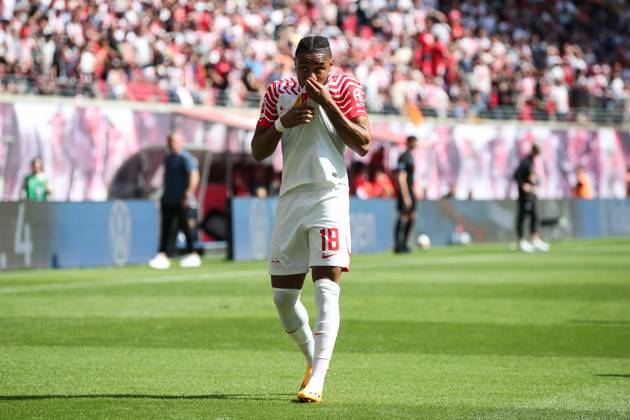 Goal celebration scorer Christopher Nkunku RB Leipzig,18 scores 2 0 1 Football Bundesliga season 2022 2023 point game RB Leipzig vs FC Schalke 04 at Red Bull Arena in Leipzig action,football,Germany,man,men,27 05 2023