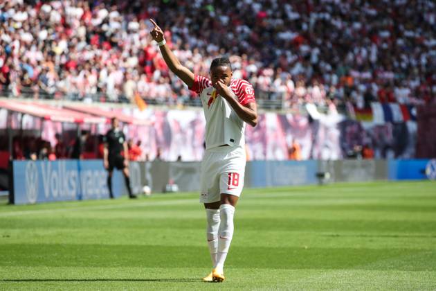 Goal celebration scorer Christopher Nkunku RB Leipzig,18 scores 2 0 1 Football Bundesliga season 2022 2023 point game RB Leipzig vs FC Schalke 04 at Red Bull Arena in Leipzig action,football,Germany,man,men,27 05 2023