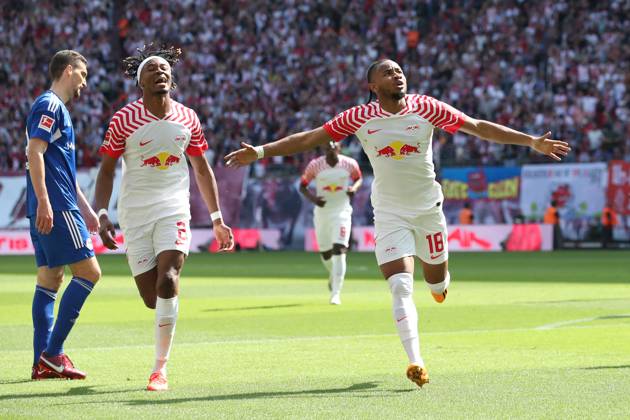 Goal celebration scorer Christopher Nkunku RB Leipzig,18 scores 2 0 1 Football Bundesliga season 2022 2023 point game RB Leipzig vs FC Schalke 04 at Red Bull Arena in Leipzig action,football,Germany,man,men,27 05 2023
