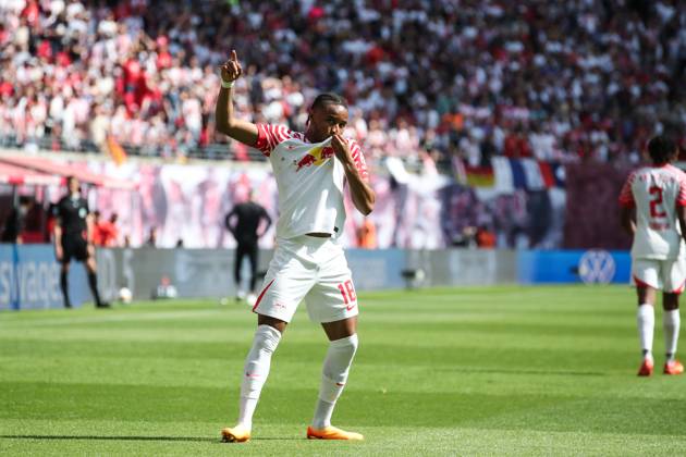Goal celebration scorer Christopher Nkunku RB Leipzig,18 scores 2 0 1 Football Bundesliga season 2022 2023 point game RB Leipzig vs FC Schalke 04 at Red Bull Arena in Leipzig action,football,Germany,man,men,27 05 2023