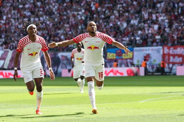 Goal celebration scorer Christopher Nkunku RB Leipzig,18 scores 2 0 1 Football Bundesliga season 2022 2023 point game RB Leipzig vs FC Schalke 04 at Red Bull Arena in Leipzig action,football,Germany,man,men,27 05 2023