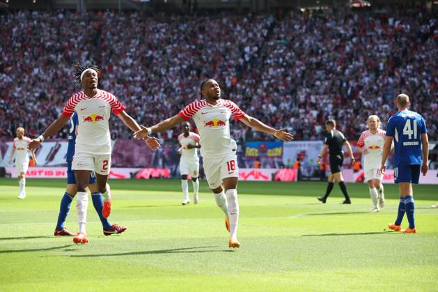 Goal celebration scorer Christopher Nkunku RB Leipzig,18 scores 2 0 1 Football Bundesliga season 2022 2023 point game RB Leipzig vs FC Schalke 04 at Red Bull Arena in Leipzig action,football,Germany,man,men,27 05 2023