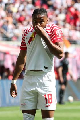 Goal celebration scorer Christopher Nkunku RB Leipzig,18 scores 2 0 1 Football Bundesliga season 2022 2023 point game RB Leipzig vs FC Schalke 04 at Red Bull Arena in Leipzig action,football,Germany,man,men,27 05 2023