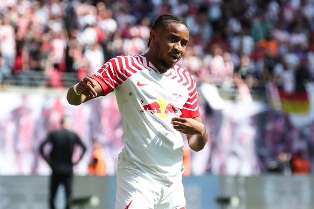 Goal celebration scorer Christopher Nkunku RB Leipzig,18 scores 2 0 1 Football Bundesliga season 2022 2023 point game RB Leipzig vs FC Schalke 04 at Red Bull Arena in Leipzig action,football,Germany,man,men,27 05 2023