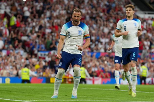 Harry Kane (9) of England celebrates after he scores his second goal (Penalty) during the UEFA EURO, EM, Europameisterschaft,Fussball Group C Qualifiers match between England and North Macedonia at Old Trafford, Manchester, England on 19 June 2023. Copyright: xDavidxHornx PMI-5596-0239