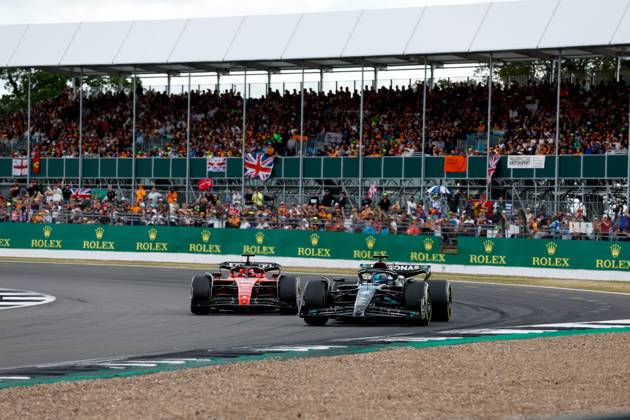 16 LECLERC Charles (mco), Scuderia Ferrari SF-23, action 63 RUSSELL George (gbr), Mercedes AMG F1 Team W14, action during the 2023 Formula 1 Aramco British Grand Prix, 10th round of the 2023 Formula One World Championship, WM, Weltmeisterschaft from July 7 to 9, 2023 on the Silverstone Circuit, in Silverstone, United Kingdom  Copyright: xDppi DPPI IPAxSportx xipa-agencyx xIPAxSportx 0 IPA_IPA39140687