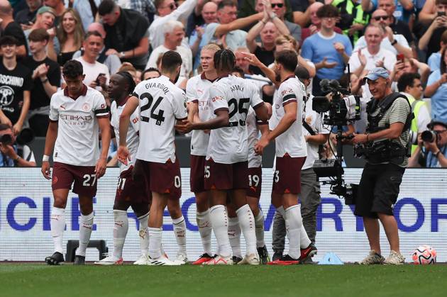 Erling Haland of Manchester City scores to make it 1-3 and celebrates during the Premier League match between West Ham United and Manchester City at the London Stadium, Queen Elizabeth Olympic Park , London, England on 16 September 2023. Copyright: xKenxSparksx 38290029