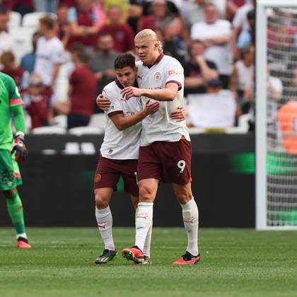Erling Haland of Manchester City scores to make it 1-3 and celebrates with Juli‡n çlvarez of Manchester City during the Premier League match between West Ham United and Manchester City at the London Stadium, Queen Elizabeth Olympic Park , London, England on 16 September 2023. Copyright: xKenxSparksx 38290033
