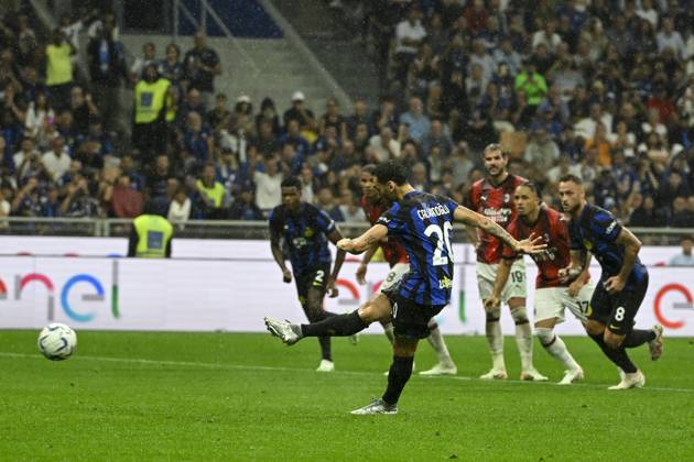 Hakan Calhanoglu of FC Internazionale scores on penalty the goal of 4-1 during the Serie A football match between FC Internazionale and AC Milan at San Sirostadium stadium in Milan (Italy), September 16th, 2023. andreaxstaccioli