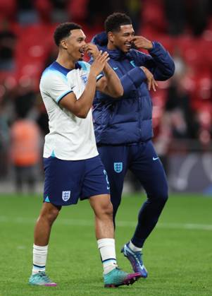 London, England, 13th October 2023. Trent Alexander-Arnold of England and Jude Bellingham of England hold their noses as they walk off the pitch during the International Friendly, Länderspiel, Nationalmannschaft match at Wembley Stadium, London. Picture credit should read: David Klein Sportimage EDITORIAL USE ONLY. No use with unauthorised audio, video, data, fixture lists, club league logos or live services. Online in-match use limited to 120 images, no video emulation. No use in betting, games or single club league player publications. SPI-2645-0074