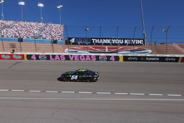 LAS VEGAS, NV - OCTOBER 14: Ty Gibbs ( 54 Joe Gibbs Racing Monster Energy Toyota) during qualifying for the NASCAR, Motorsport, USA Cup Series Playoff South Point 400 Saturday Oct. 14, 2023 at Las Vegas Motor Speedway in Las Vegas, NV. (Photo by Marc Sanchez LVMS Icon Sportswire) AUTO: OCT 14 NASCAR Cup Series Playoff South Point 400 EDITORIAL USE ONLY Icon144231014039