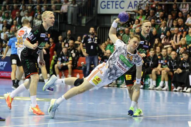 Justus Fischer TSV Hannover Burgdorf,54 Handball Bundesliga Season 2023 2024 SC Magdeburg vs TSV Hannover Burgdorf in the GETEC Arena in Magdeburg Action,Handball,Germany,15 10 2023