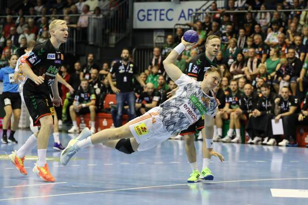Justus Fischer TSV Hannover Burgdorf,54 Handball Bundesliga Season 2023 2024 SC Magdeburg vs TSV Hannover Burgdorf in the GETEC Arena in Magdeburg Action,Handball,Germany,15 10 2023