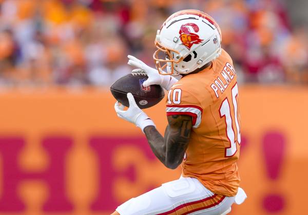 TAMPA, FL - OCTOBER 15: Tampa Bay Buccaneers wide receiver Trey Palmer (10) makes a catch during the NFL, American Football Herren, USA Football match between the Tampa Bay Bucs and Detroit Lions on October 15th 2023 at Raymond James Stadium, Tampa FL. (Photo by Andrew Bershaw Icon Sportswire) NFL: OCT 15 Lions at Buccaneers EDITORIAL USE ONLY Icon23101500145