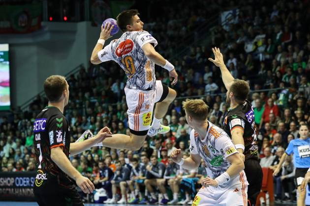 Renars Uscins TSV Hannover Burgdorf,10 Handball Bundesliga Season 2023 2024 SC Magdeburg vs TSV Hannover Burgdorf at GETEC Arena in Magdeburg Action,Handball,Germany,15 10 2023