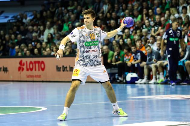 Renars Uscins TSV Hannover Burgdorf,10 Handball Bundesliga season 2023 2024 SC Magdeburg vs TSV Hannover Burgdorf in the GETEC Arena in Magdeburg punter,action,handball,Germany,15 10 2023