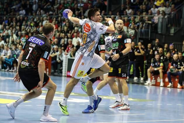 Renars Uscins TSV Hannover Burgdorf,10 Handball Bundesliga Season 2023 2024 SC Magdeburg vs TSV Hannover Burgdorf at GETEC Arena in Magdeburg Action,Handball,Germany,15 10 2023