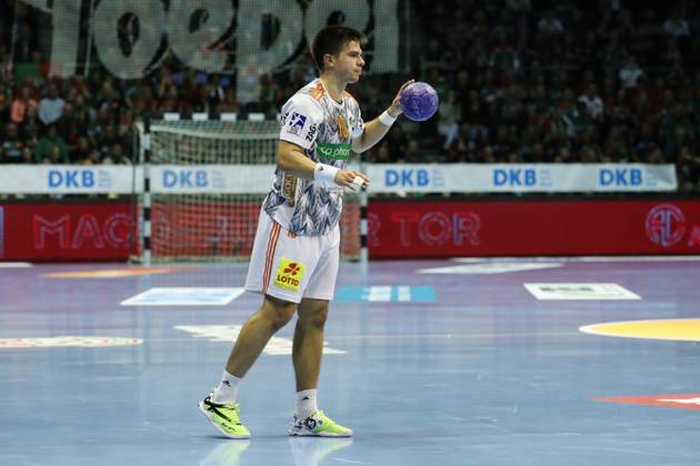 Renars Uscins TSV Hannover Burgdorf,10 Handball Bundesliga season 2023 2024 SC Magdeburg vs TSV Hannover Burgdorf in the GETEC Arena in Magdeburg punter,action,handball,Germany,15 10 2023