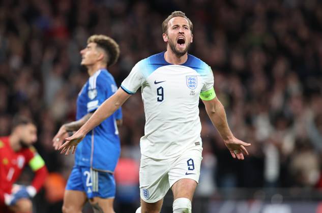 London, England, 17th October 2023. Harry Kane of England celebrates after scoring to make it 3-1 during the UEFA European Championship, EM, Europameisterschaft Qualifying match at Wembley Stadium, London. Picture credit should read: David Klein Sportimage EDITORIAL USE ONLY. No use with unauthorised audio, video, data, fixture lists, club league logos or live services. Online in-match use limited to 120 images, no video emulation. No use in betting, games or single club league player publications. SPI-2649-0115