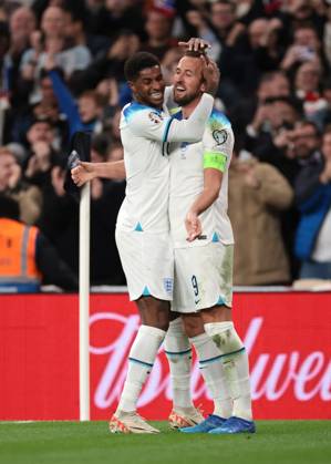 London, England, 17th October 2023. Harry Kane of England celebrates with team mate Marcus Rashford after scoring to give the side a 3-1 lead the UEFA European Championship, EM, Europameisterschaft Qualifying match at Wembley Stadium, London. Picture credit should read: Jonathan Moscrop Sportimage EDITORIAL USE ONLY. No use with unauthorised audio, video, data, fixture lists, club league logos or live services. Online in-match use limited to 120 images, no video emulation. No use in betting, games or single club league player publications. SPI-2650-0038