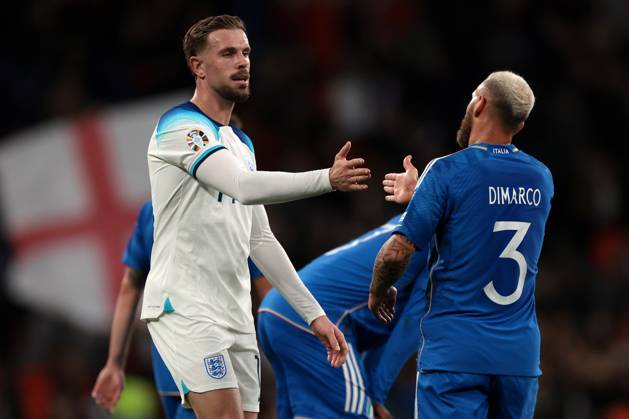 London, England, 17th October 2023. Jordan Henderson of England sakes hands with Federico Dimarco of Italy following the final whistle of the UEFA European Championship, EM, Europameisterschaft Qualifying match at Wembley Stadium, London. Picture credit should read: Jonathan Moscrop Sportimage EDITORIAL USE ONLY. No use with unauthorised audio, video, data, fixture lists, club league logos or live services. Online in-match use limited to 120 images, no video emulation. No use in betting, games or single club league player publications. SPI-2650-0088