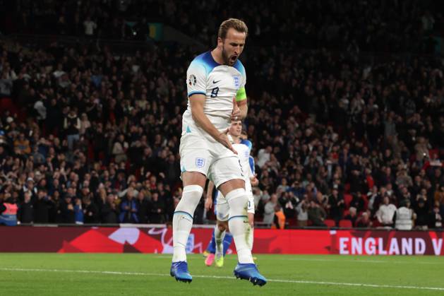London, England, 17th October 2023. Harry Kane of England celebrates after scoring a first half penalty to level the game at 1-1 during the UEFA European Championship, EM, Europameisterschaft Qualifying match at Wembley Stadium, London. Picture credit should read: Jonathan Moscrop Sportimage EDITORIAL USE ONLY. No use with unauthorised audio, video, data, fixture lists, club league logos or live services. Online in-match use limited to 120 images, no video emulation. No use in betting, games or single club league player publications. SPI-2650-0103