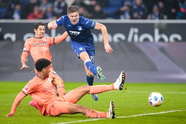 from left Bernardo Fernandes da Silva Junior BOC, 5 , Christian Esteban Gamboa Luna BOC, 2 , Marius Bülter Hoffenheim, 21 , shot on goal, goal chance, duel, duel, tackle, tackling, dynamics, action, action, in penalty area, penalty area scene, 08 12 2023, Sinsheim Germany , Football, Bundesliga, TSG 1899 Hoffenheim VfL Bochum, DFB DFL REGULATIONS PROHIBIT ANY USE OF PHOTOGRAPHS AS IMAGE SEQUENCES AND OR QUASI VIDEO xozx