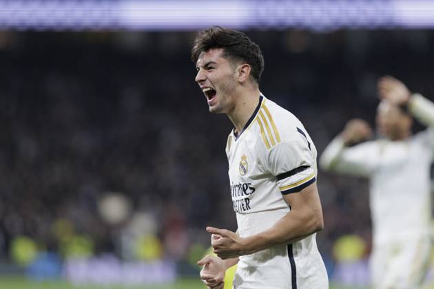 LA LIGA EA Sports - Real Madrid vs Villarreal Brahim Diaz of Real Madrid is celebrating a goal during the La Liga 2023 24 match between Real Madrid and Villarreal at Santiago Bernabeu Stadium in Madrid, Spain, on December 17, 2023. Madrid Spain Copyright: xGuillermoxMartinezx originalFilename:martinez-laligaea231218_np0ej