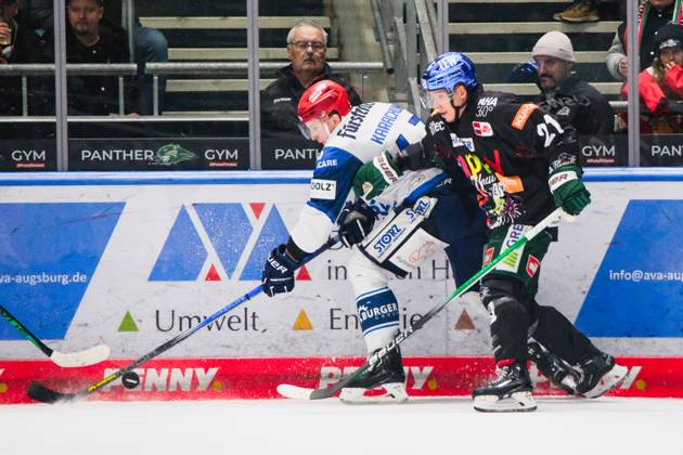 Alexander Karachun 47, Schwenninger Wild Wings and Jere Karjalainen 21, Augsburger Panther in duel, Augsburger Panther v Schwenninger Wild Wings , Ice Hockey, Men, Penny DEL 2023 2024, Main Round, Matchday 33 on 30 12 2023 in Augsburg, Curt Frenzel Stadion Bayern Germany