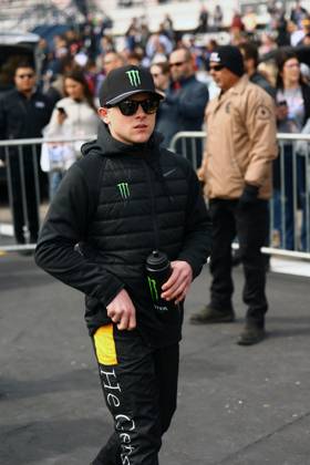 LAS VEGAS, NV - MARCH 05: Ty Gibbs ( 54 Joe Gibbs Racing He Gets us Toyota) before the start of the NASCAR, Motorsport, USA Cup Series Pennzoil 400 presented by Jiffy Lube on March 5, 2023, at Las Vegas Motor Speedway in Las Vegas, Nevada. (Photo by Dan Trobaugh Icon Sportswire) AUTO: MAR 05 NASCAR Cup Series Pennzoil 400 presented by Jiffy Lube EDITORIAL USE ONLY Icon230305240400