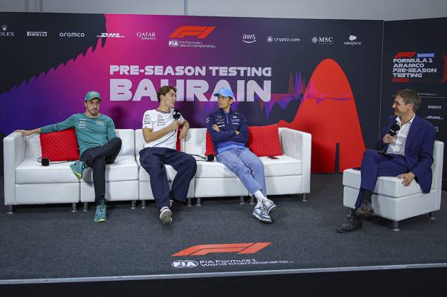 ALONSO Fernando spa , Aston Martin F1 Team AMR24, RUSSELL George gbr , Mercedes AMG F1 Team W15, ALBON Alexander tha , Williams Racing FW46, portrait, press conference during the Formula 1 Aramco pre season testing 2024 of the 2024 FIA Formula One World Championship from February 21 to 23, 2024 on the Bahrain International Circuit, in Sakhir, Bahrain Photo Eric Alonso DPPI F1 Pre season Testing in Bahrain at Bahrain International Circuit on February 22, 2024 in Sakhir, Bahrain Photo by HOCH ZWEI Sakhir Sakhir Bahrain Bahrain