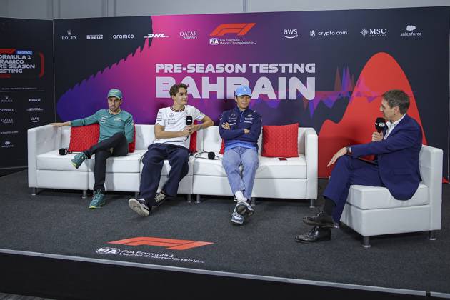 ALONSO Fernando spa , Aston Martin F1 Team AMR24, RUSSELL George gbr , Mercedes AMG F1 Team W15, ALBON Alexander tha , Williams Racing FW46, portrait, press conference during the Formula 1 Aramco pre season testing 2024 of the 2024 FIA Formula One World Championship from February 21 to 23, 2024 on the Bahrain International Circuit, in Sakhir, Bahrain Photo Eric Alonso DPPI F1 Pre season Testing in Bahrain at Bahrain International Circuit on February 22, 2024 in Sakhir, Bahrain Photo by HOCH ZWEI Sakhir Sakhir Bahrain Bahrain